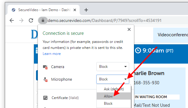 Arrow pointing to the dropdown menu for Microphone, and then another arrow pointing to "Allow"
